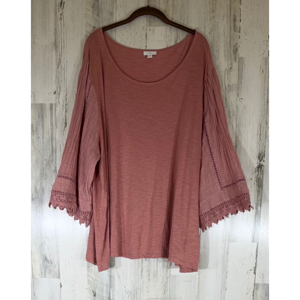 J Jill Soft Slub Knit Top 4X Dusty Pink Crochet Lace‎ Pintuck Boho Cottage READ